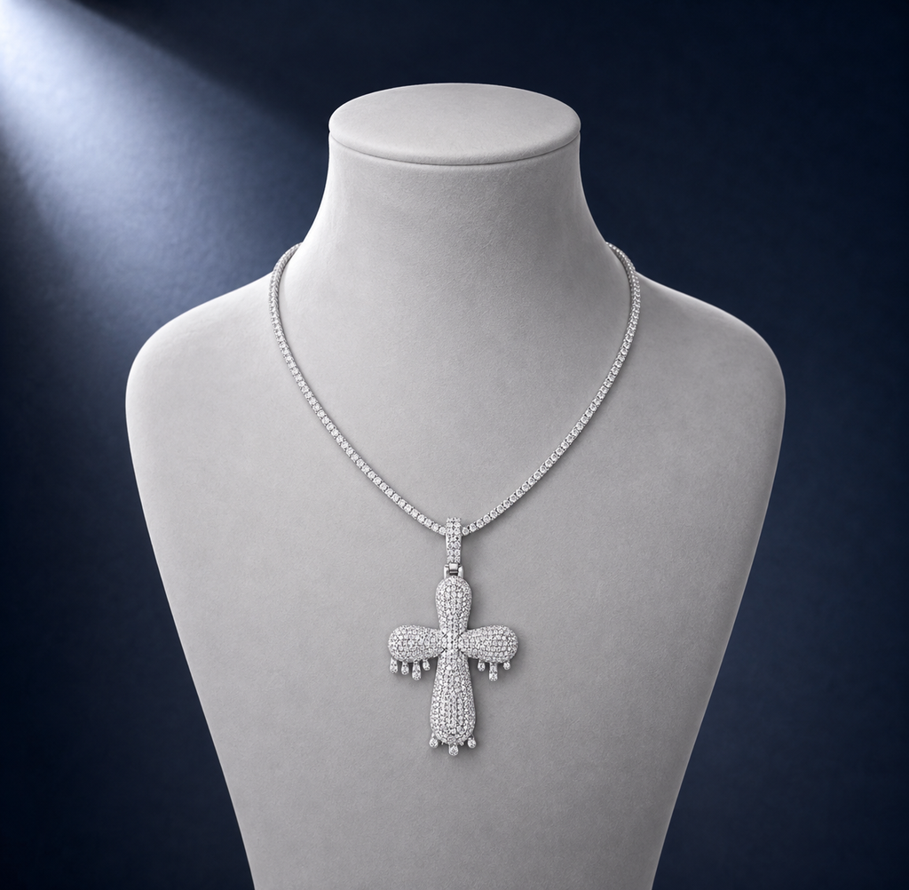 Moissanite Rounded Drip Cross Pendant S925