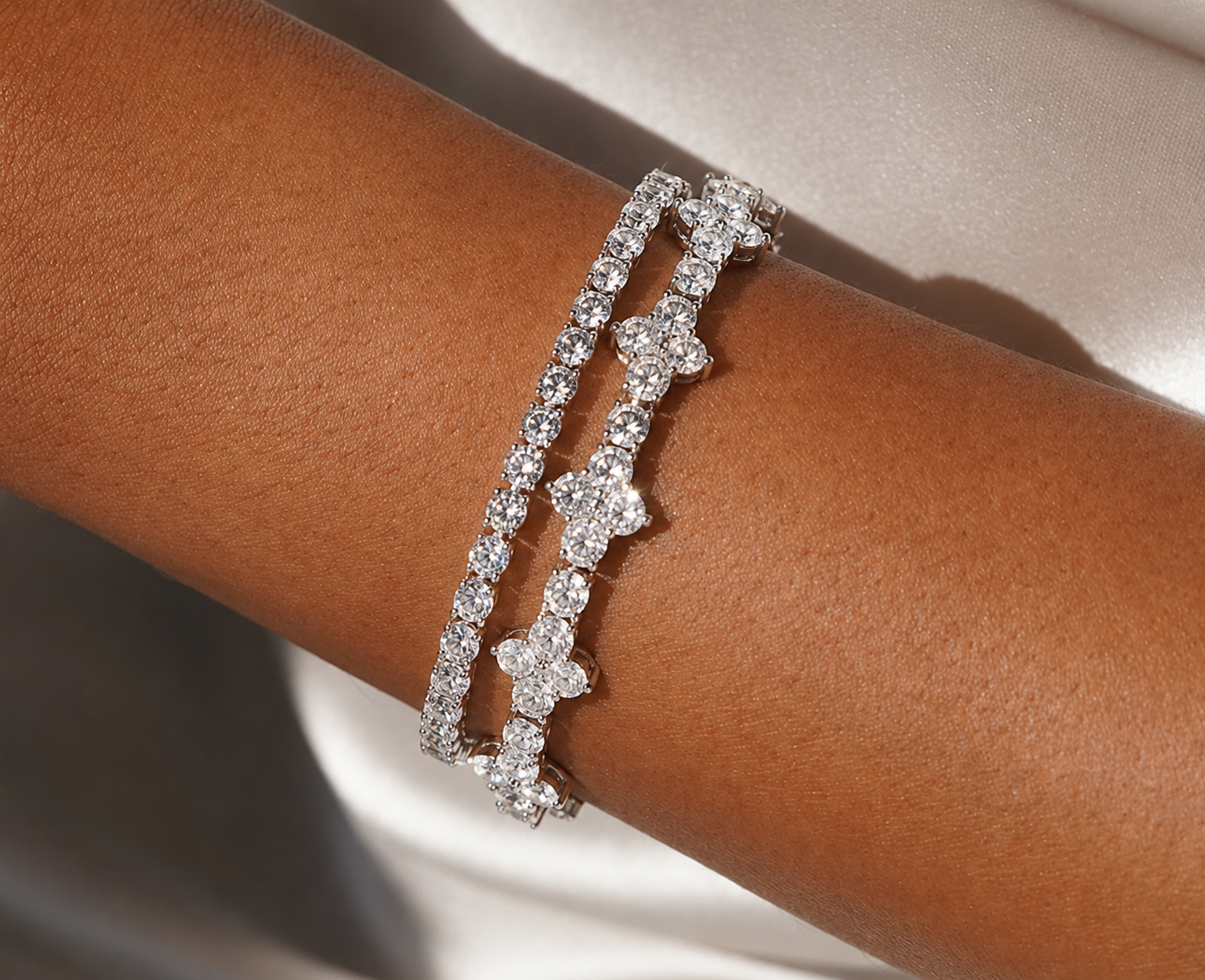 Matching Moissanite Stack Tennis Bracelet + Mini Cross Station Bracelet · S925